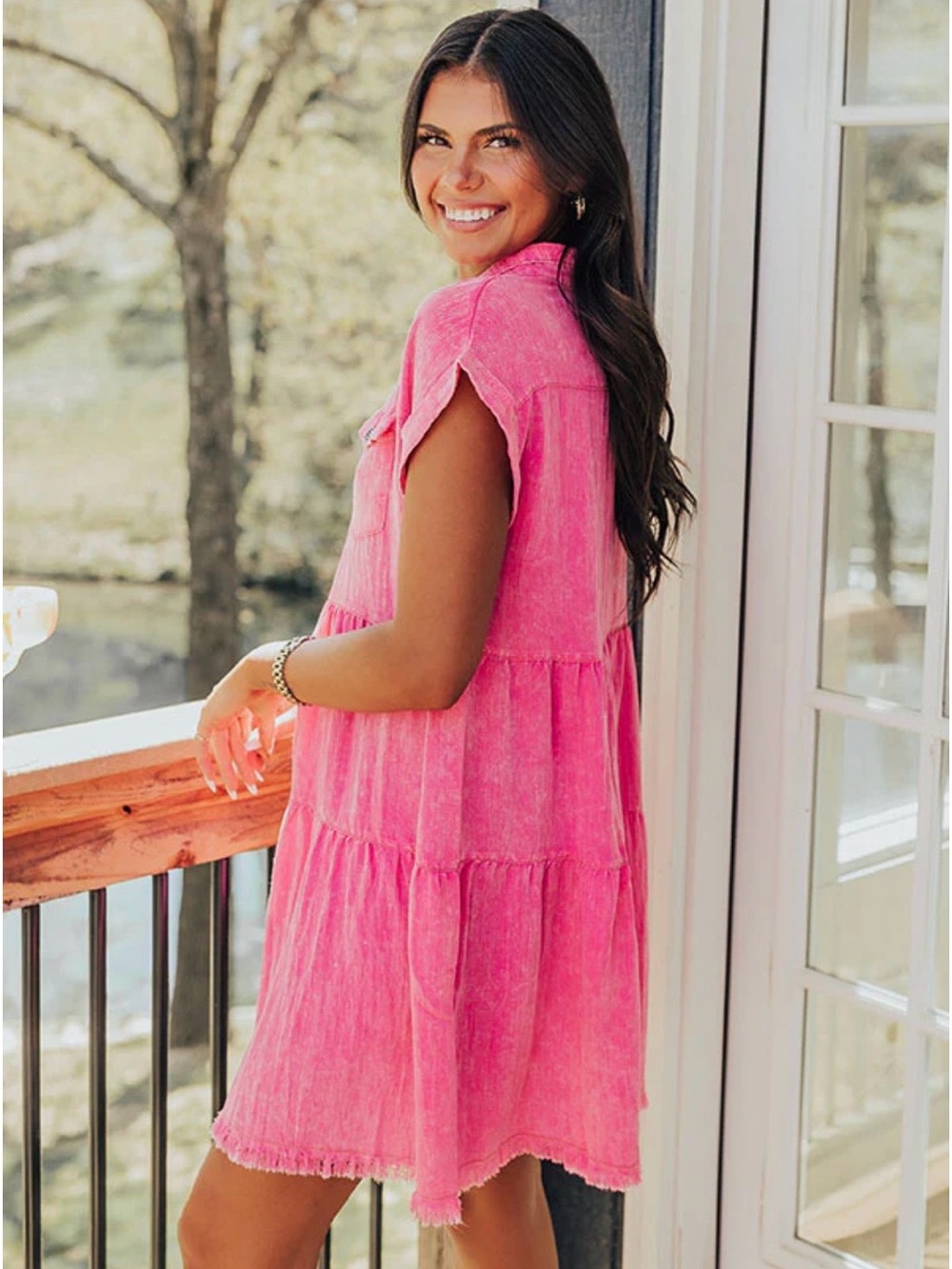 Umgee Hot Pink Tiered Frayed Hem Shirt Summer Shirt Mini Dress Oversized Large - Picture 2 of 12